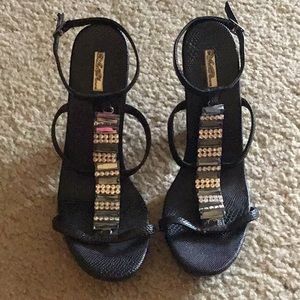 Black and rhinestone open heeled high heels